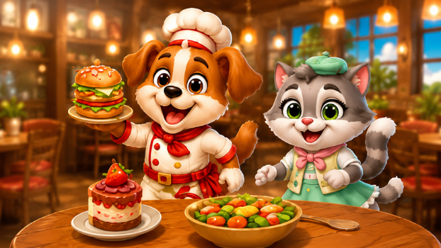 Bistro Bounce characters in a cozy restaurant