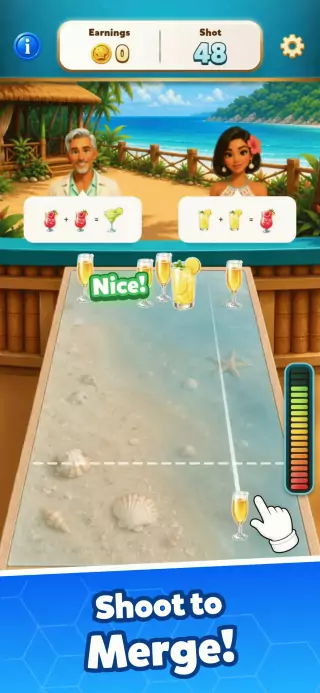 Bistro Bounce bank-shot level merging drinks on a beach restaurant table